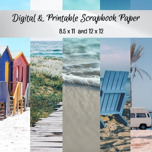 Digitales und druckbares Scrapbook-Papier | Strand-Thema | Adirondack | Ufer | Lieferwagen | Hütten | Anlegestelle | Drucker | Erinnerungsbuch | 12x12 | 8,5x11cm