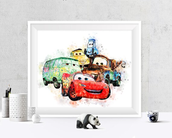 Disney Cars Print Lightning Mcqueen Watercolor Poster Luigi Etsy