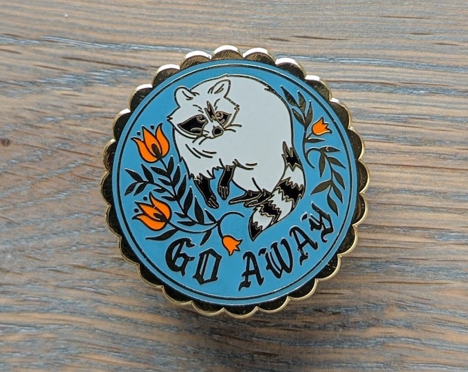 Featured listing image: Go Away Raccoon Hex Sign, Gold Hard Enamel Pin, Available with Standard or Locking Pin Back
