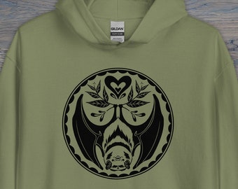 Print on Demand Brown Bat Hex Sign Unisex Hoodie, Motivational, Spooky Sweatshirt, Nocturnal Friends
