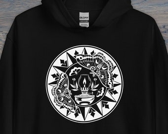 Print on Demand Moths to a Flame Hex Sign Unisex Hoodie, Folk Art Inspired, PA Dutch Sweatshirt