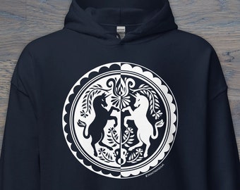 Print on Demand Dueling Unicorns Unisex Hoodie, Folk Art Inspired, PA Dutch, Unicorn Sweatshirt
