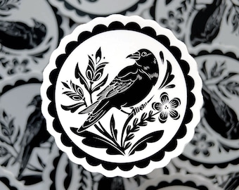 Crow Distelfink, Black and White, PA Dutch Hex Sign, Waterproof Vinyl Sticker