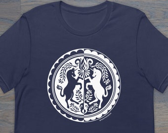 Print on Demand Dueling Unicorns Unisex T-Shirt, PA Dutch, Folk Art Inspired, Unicorn Tee