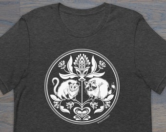 Print on Demand Raccoon & Opossum Hex Sign Unisex T-Shirt, Folk Art Inspired, PA Dutch, Trash Friends