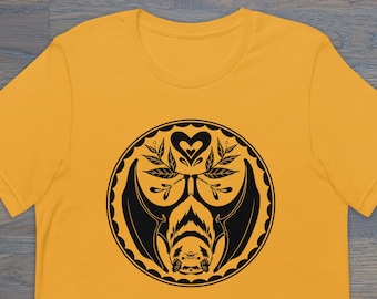 Print on Demand Brown Bat Hex Sign Unisex T-Shirt, Folk Art Inspired, PA Dutch, Nocturnal Animals