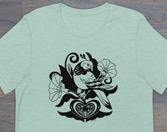 Print on Demand Pigeon Distelfink Unisex T-Shirt, Folk Art Inspired, PA Dutch Tee