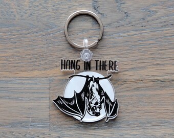 Hang In There Keychain, Bat Art, Acrylic Charm, Cute Keychain, Accessories, Bat Design, Stainless Steel Keyring