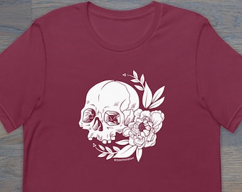 Print on Demand Floral Skull Unisex T-Shirt, Peony, Tattoo-Inspired, Folk Art, Skull Tee