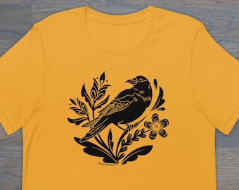 Print on Demand Crow Distelfink Unisex T-Shirt, PA Dutch Folk Art, Philadelphia Crow