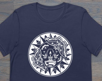 Print on Demand Moths to a Flame Hex Sign Unisex T-Shirt, Folk Art Inspired, PA Dutch