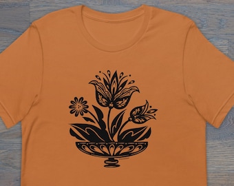 Print on Demand Fraktur Tulips Unisex T-Shirt, PA Dutch, Folk Art Inspired, Floral Tee