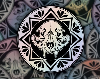 Cat Skull, Holographic, PA Dutch, Folk Art, Hex Sign, Scandinavian Inspired, Waterproof Vinyl Sticker