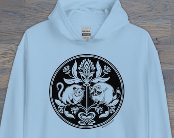 Print on Demand Raccoon & Opossum Hex Sign Unisex Hoodie, Folk Art Inspired, PA Dutch, Trash Friends