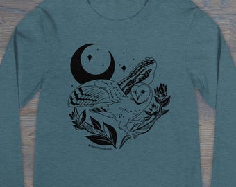 Print on Demand Barn Owl Distelfink Unisex Long Sleeve Tee, PA Dutch Folk Art Apparel, XS–2X, Multiple Colors Available