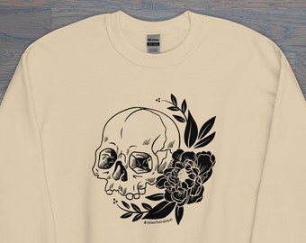 Print on Demand Floral Skull Unisex Crew Neck, Spooky Apparel, Punk Aesthetic, Skull Sweatshirt