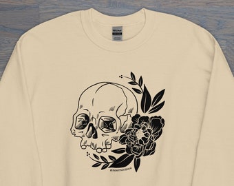 Floral Skull Unisex Crew Neck, Spooky Apparel, Punk Aesthetic, Skull Sweatshirt