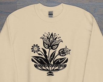 Fraktur Tulips Unisex Crew Neck, Folk Art Inspired, PA Dutch Sweatshirt, Floral