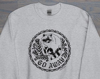 Print on Demand Go Away Raccoon Unisex Crew Neck, Folk Art Inspired, Modern Hex Sign, Trash Panda