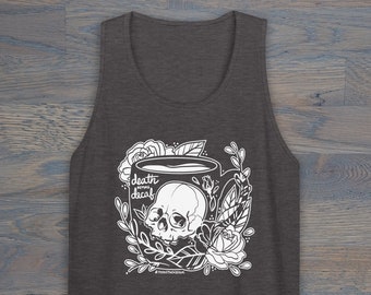 Print on Demand Death Before Decaf Skull Unisex Tank Top, Tattoo Inspired Tank, Floral Skull