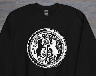 Print on Demand Dueling Unicorns Unisex Crew Neck, Folk Art Inspired, PA Dutch, Unicorn Sweatshirt
