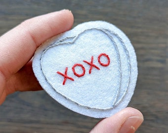 XOXO, Sweethearts Pin, Embroidered Candy Hearts, Conversation Hearts Felt Pin, Safety Pin Back, Valentines Day, Pin Badge