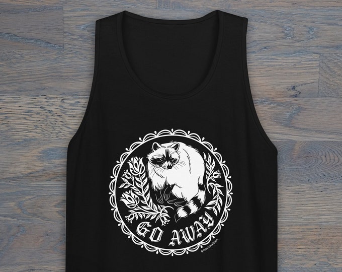 Featured listing image: Print on Demand Go Away Raccoon Unisex Tank Top, Multiple Colors Available S–2X (Select Colors in 3X)