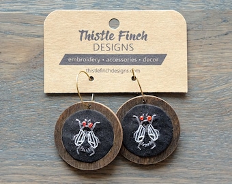 Hand-Embroidered House Fly Earrings, Lightweight, Wooden Statement Earrings