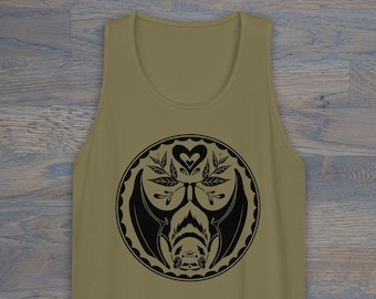 Print on Demand Brown Bat Hex Sign, PA Dutch, Muscle Tank, Bat Apparel, Folk Art Inspired, Spooky Tank Top