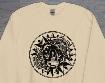Moths to a Flame Hex Sign Unisex Crew Neck, Folk Art Inspired, PA Dutch Sweatshirt