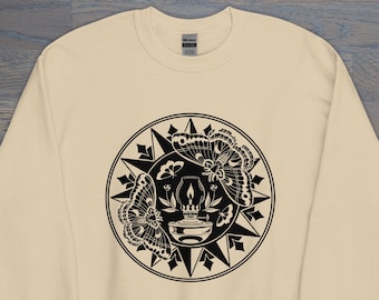 Print on Demand Moths to a Flame Hex Sign Unisex Crew Neck, Folk Art Inspired, PA Dutch Sweatshirt