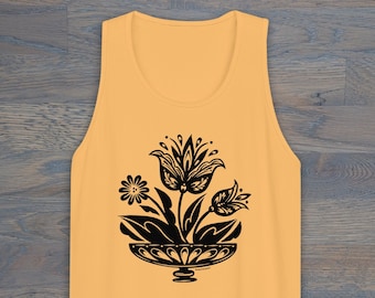 Print on Demand Fraktur Tulips Unisex Tank Top, PA Dutch, Folk Art Inspired, Floral Tank