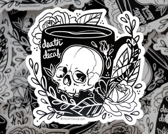 Vinyl Sticker, Death Before Decaf, Skull Sticker, Outdoor Vinyl, Laptop, Water Bottle, Coffee Sticker, Aesthetic, Skull Art, Punk Design