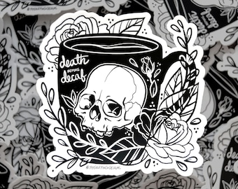 Vinyl Sticker, Death Before Decaf, Skull Sticker, Outdoor Vinyl, Laptop, Water Bottle, Coffee Sticker, Aesthetic, Skull Art, Punk Design