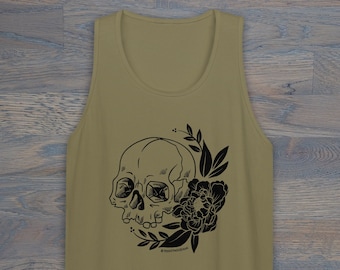 Print on Demand Floral Skull Unisex Tank Top, Peony, Tattoo-Inspired, Folk Art, Skull Tank
