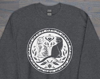 Print on Demand House Cat Hex Sign Unisex Crew Neck, Folk Art Inspired, PA Dutch, Tabby Cat Sweatshirt