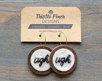 Ugh Hand-Embroidered Earrings, Lightweight, Wooden Statement Earrings