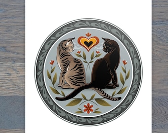House Cat Hex Sign Digital Print, Heavyweight Matte Photo Paper, Folk Art Inspired, PA Dutch, Fraktur Art