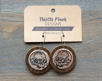 Hand-Embroidered Skull Earrings, Lightweight, Wooden Statement Earrings