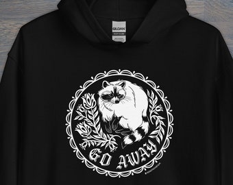 Print on Demand Go Away Raccoon Unisex Hoodie, Folk Art Inspired, Modern Hex Sign, Trash Panda