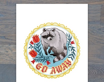 Go Away Raccoon Hex Digital Print, Heavyweight Matte Photo Paper, Folk Art Inspired, PA Dutch, Fraktur, Trash Panda