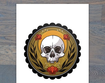 Skull Hex Sign Digital Print, Heavyweight Matte Photo Paper, Folk Art Inspired, PA Dutch, Fraktur, Spooky, Fall Vibes