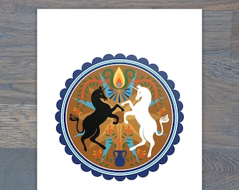 Dueling Unicorns Hex Sign Digital Print, Heavyweight Matte Photo Paper, Folk Art Inspired, PA Dutch, Fraktur