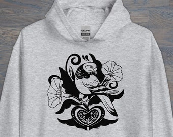 Print on Demand Pigeon Distelfink Unisex Hoodie, Folk Art Inspired, PA Dutch Sweatshirt