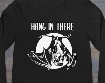 Hang In There Bat Unisex Long Sleeve Tee, Spooky Apparel,  XS–2X