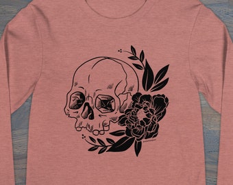 Floral Skull Unisex Long Sleeve Tee, Tattoo Inspired Apparel, Floral Skull Shirt,  XS–2X