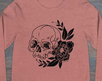 Print on Demand Floral Skull Unisex Long Sleeve Tee, Tattoo Inspired Apparel, Floral Skull Shirt,  XS–2X