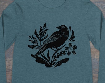Print on Demand Crow Distelfink Unisex Long Sleeve Tee, PA Dutch Folk Art Apparel,  XS–2X