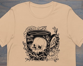 Print on Demand Death Before Decaf Skull Unisex Tee, Tattoo Inspired T-Shirt, Floral Skull,  XS–4X