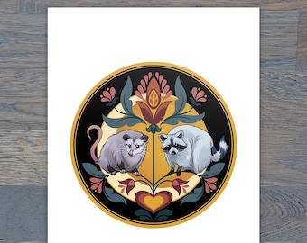 Raccoon & Opossum Hex Digital Print, Heavyweight Matte Photo Paper, Folk Art Inspired, PA Dutch, Trash Friends